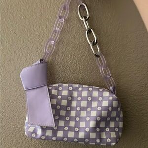 Purple and White Checkered Shoulder Bag with Chain Strap